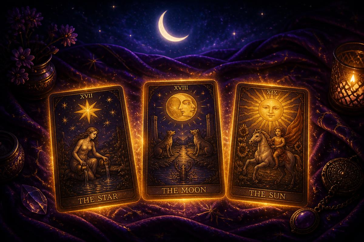 Three glowing tarot cards on purple silk representing love, life and wealth